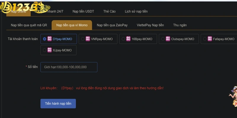 Thực hiện nạp tiền 123B thông qua ví điện tử cũng là một hình thức khá phổ biến