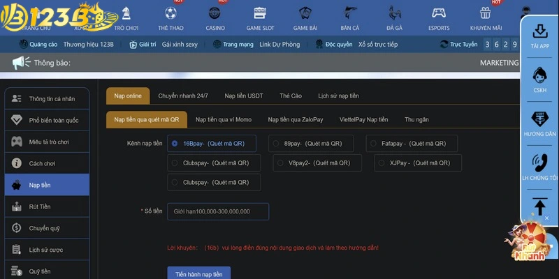 Hướng dẫn nạp tiền 123b